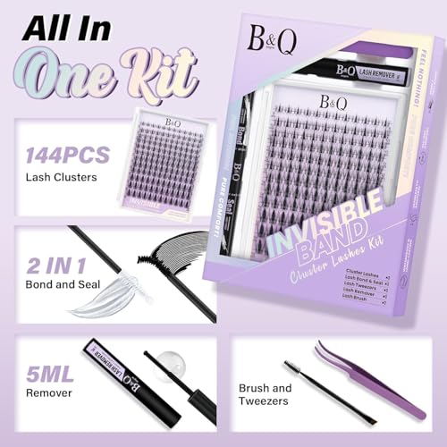 B&Q Fairy Lash Clusters Kit Natural Lashes Clusters Wispy Invisible Band Manga Lashes Individual Lashes Bond and Seal Eyelash Extension Kit Easy Removal (Fairy Kit)