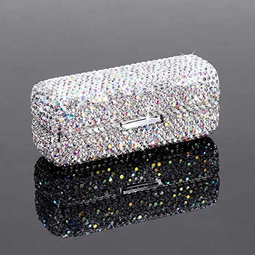 Rhinestone Lipstick Case with Mirror, Bling Crystal Lipstick Case Diamonds Makeup Cosmetic Storage Box Holder for Purse Ladies Fashion (Silver Color)
