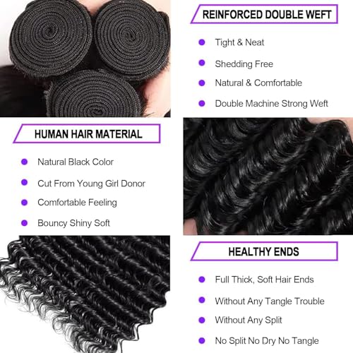 Deep Wave Human Hair Bundles 22 24 26 Inch Deep Wave Bundles 100% Unprocessed Brazilian Virgin Hair 3 Bundles 12A Curly Bundles Hair Extensions Real Human Hair Quick Weave Bundles Natural Color