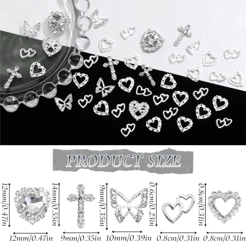 42PCS Silver Nail Charms Crystal Heart Nail Charms 3D Alloy Cross Nail Charms Metal Butterfly Charms Nail Gems Rhinestones for Women Nail Art and DIY Crafts, Small