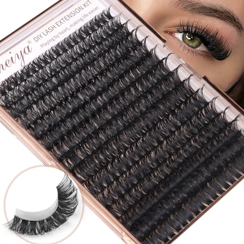 Geeneiya Volume Lash Clusters Kit DIY Lash Extension Kit D Eyelash Extensions with Lash Bond and Seal Tweezers,10-14mm Eye Corner Eyelashes and 16-18MM Cluster Lashes 300Pcs