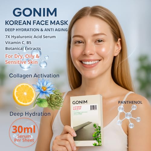 GONIM Face Mask Korean Skin Care with Hyaluronic Acid Serum & Collagen Activation, Hydrating Face Masks Skincare with Vitamin C, Moisturizing Sheet Mask for All Skin, Korean Face Mask 15 Sheets