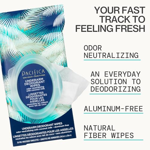 Pacifica Beauty Coconut Milk & Essential Oils Underarm Deodorant Wipes, Helps Remove Odor, Aluminum-Free, Vegan & Cruelty-Free, 30 Wipes (2-Pack)