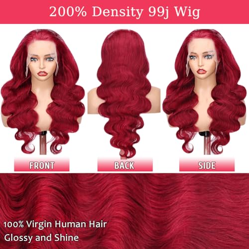 SOSATISFY 99J Burgundy Lace Front Wigs Human Hair 200 Density 13x4 Full Lace Body Wave Wig HD Transparent Lace Red and Wine Wigs for Women Pre Plucked with Baby Hair 22 Inch