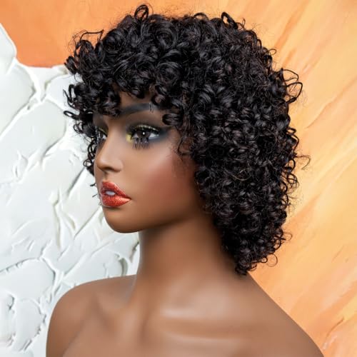 HairyFairy short curly wigs, 100% human hair wigs for black women, human hair wig with bangs glueless, machine made, no lace, light and comfortable (natural black, 12 inches)