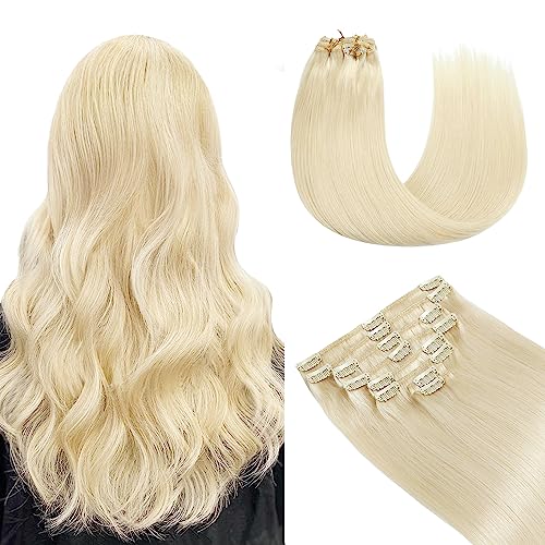 YILITE Clip in Hair Extensions 120g 8Pcs/Pack Platinum Blonde Double Weft Silky Straight Remy Human Hair Thick Clip in Real Hair Extensions for Women (16inches #60 Platinum Blonde)