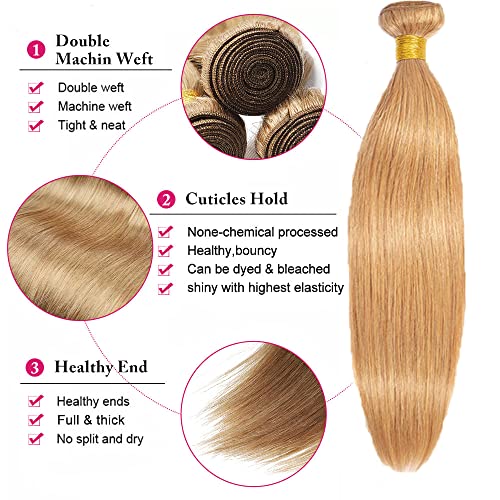 Color 27 Human Hair Bundles Blonde Straight Bundles Human Hair 14 16 18 Inch Honey Blonde Bundle 8A Brazilian Virgin Remy Hair 3 Bundles Blonde Hair Bundle Hair Extensions