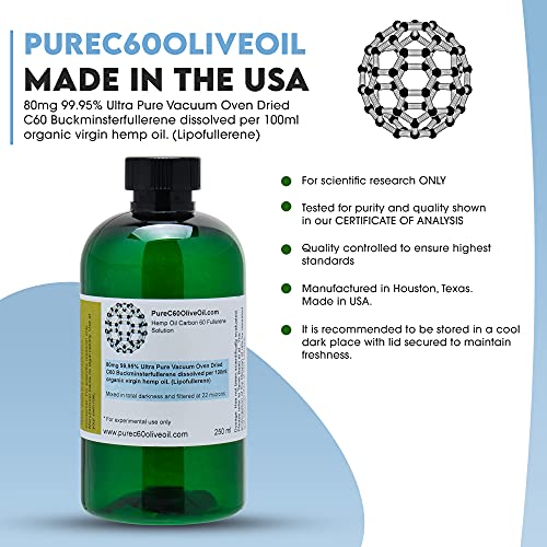 PureC60OliveOil C60 Organic Hemp Seed Oil 250ml / 8.5 Fl Oz - 99.95% Carbon 60 Solvent Free 200mg - Food Grade - BUCKMINSTERFULLERENE Carbon 60 Hemp Oil - from The Leading Global Producer