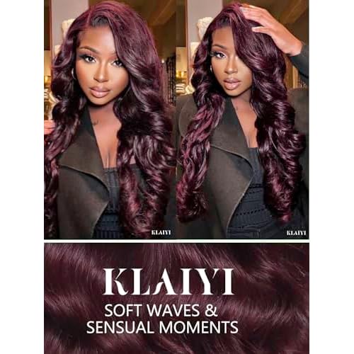 KLAIYI Black Cherry Loose Body Wave Pre Eeverything 13x4 Lace Frontal Wigs Human Hair Bye Bye Knots Glueless Ready to Wear and Go Wig with Face Framing Bangs Drawstring Pre Plucked Burgundy Wig 18Inch