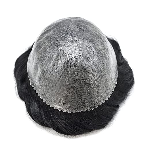 Toupee for Men Hair System Full Poly Mens Toupee Injected PU Durable Mens Hairpieces European Human Hair Units Durable Mens Wigs Replacement System (8X10"-120% Density, 1B# Natural Black)