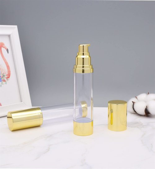 6Pcs 1.7oz/50ml Clear Airless Pump Bottles with Funnel and labels Sticker Travel Size Dispenser Refillable Cosmetic Containers For Foundations, Cream, Serums, Shampoo(Gold)
