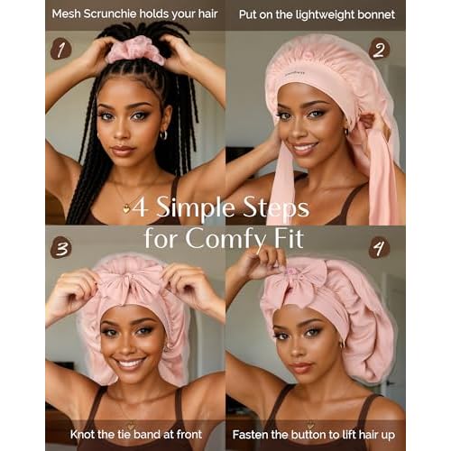 YANIBEST Silk Bonnet for Sleeping Women Satin Lined Braid Bonnet with Breathable Tie Band for Curly Hair Pink