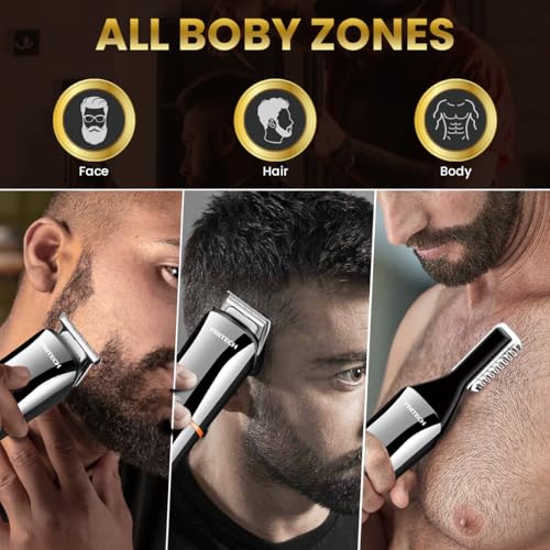 PRITECH Beard Trimmer for Men,6 in 1 Hair Clippers Kit, Precision Cordless Grooming Kit Waterproof IPX6 for Beard, Hair, Body, Nose, Ear, with Foil Razor (Silver)