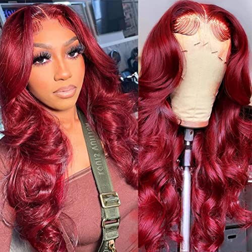 MUPRETTY 30 Inch Burgundy Lace Front Wig, 100% Unprocessed Brazilian Virgin Human Hair, Body Wave, 180% Density, T Part Lace Wig, Natural Hairline