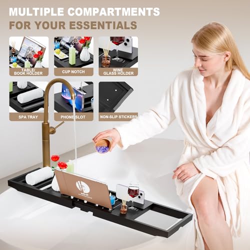 Yirilan Foldable Bathtub Caddy, Expandable Bath Tray, Unique House Warming Gifts, New Home, Anniversary and Wedding Gifts for Couple, Black-New