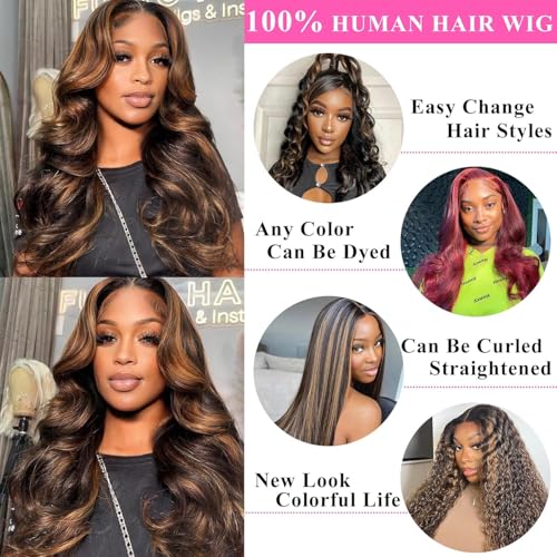 Highlight 13x6 Body Wave Lace Front Wig Human Hair 26 Inch 1B/30 HD Transparent Lace Frontal Wig for Women Ombre Lace Front Wig Pre Plucked with Baby Hair 180% Density