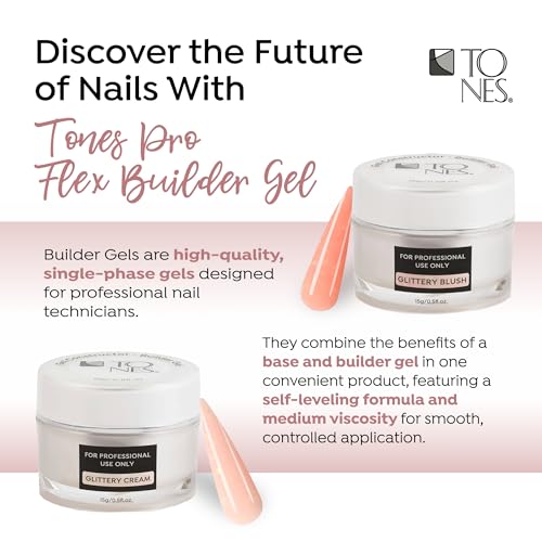 TONES Premium Self Leveling Nail Builder and Extension Gel for Professional Design - Salon-Quality LED and UV Building Gel - (0.5 Fl Oz, Glittery Nude)