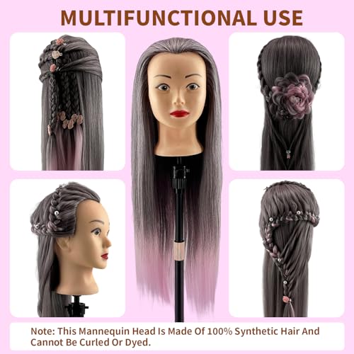 28" Cosmetology Mannequin Head With Hair - Doll Head For Hair Styling | wig Mannequin Head For Braiding, Cutting & Styling Practice | Includes Free Wig Stand & Hair Tools Set (Dark Pink)