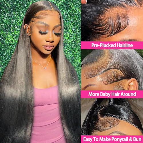 30 Inch Lace Front Wigs Human Hair 200 Density 13x4 HD Lace Front Wigs Human Hair Pre Plucked Glueless Wigs Human Hair for Women Straight Lace Frontal Wigs Natural Color, Black