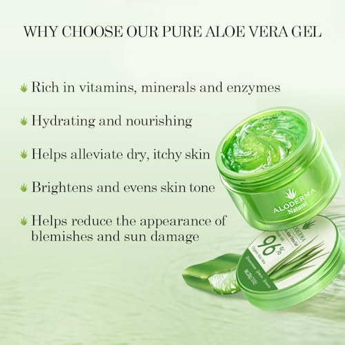 Aloderma Organic Aloe Vera Gel for Face & Body, 96% Pure Aloe Gel Made within 12 Hours of Harvest, Ideal for Skin, Scalp, & Hair Hydration, Calming Moisturizer for Soothing After Sun Care, 7.05oz
