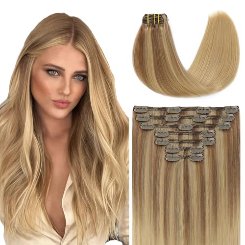 Youngsmile Real Hair Clip in Extensions #10/27/27 Golden Blonde with Bleach Blonde Human Hair Extensions Clip in, Soft Silk Straight,Double Weft, 140g 7 Pieces 14inch (7C#10/27/27-14inch)