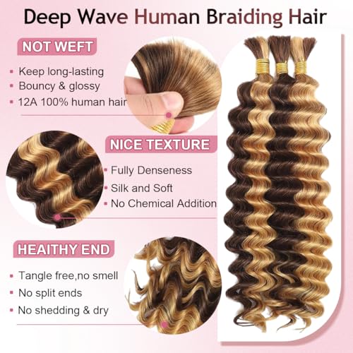 Human Braiding Hair for Boho Braids 120g Highlight Balayage Deep Wave Boho Bulk Human Hair for Braiding Knotless 12A Curly Wet and Wavy Bohemian Braids No Weft 3 Bundles 4/27 Color 16 Inch
