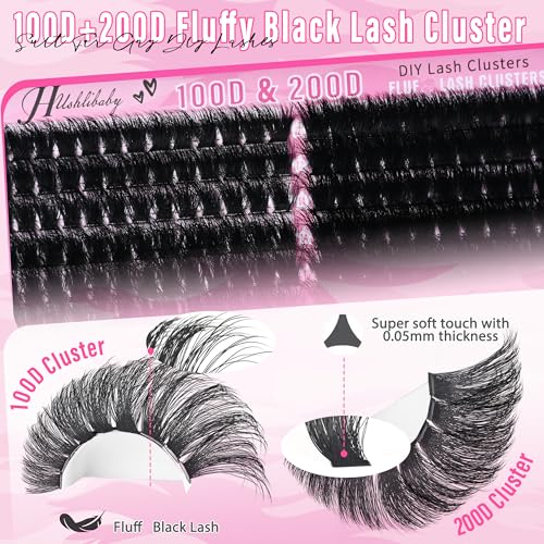 Lash Clusters 100D+200D Mega Thick Lashes Clusters 12-22mm Wispy Individual Thick Volume Lashes Cluster Eyelash Extensions 280Pcs DIY Lash Extension at Home, by Hushlibaby(Plant Fiber)