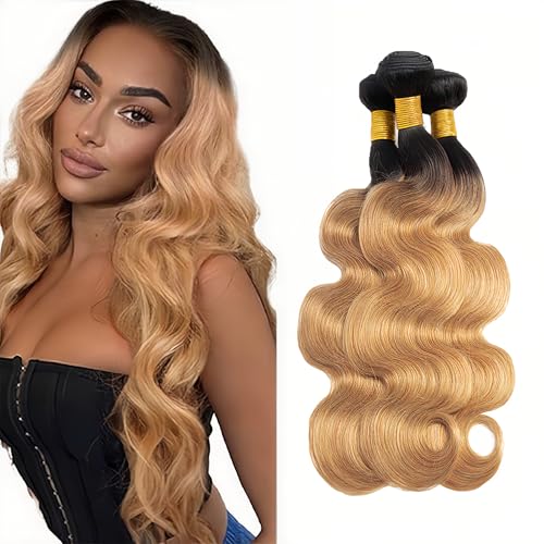 1b27 Human Hair Bundles Ombre Blonde Body Wave Bundle Niegmeag Virgin Remy Hair 3 Bundles 26 28 30 Inch Double Weft 2 Tone Black and Honey Blonde Bundles Hair Weave