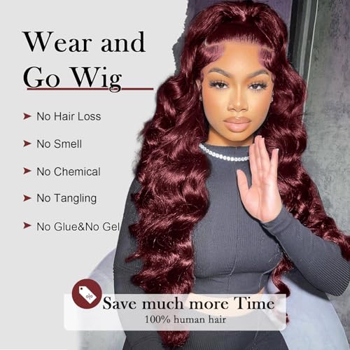 Gemlong 30 Inch 99J Burgundy Lace Front Wigs Human Hair Body Wave 13x4 HD Transparent Pre Plucked Glueless Lace Frontal Wig Human Hair 200% Density Red Wine Colored Human Hair Wigs for Women
