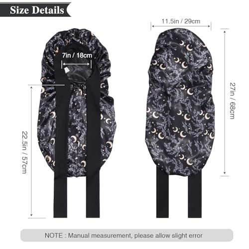 AWAYTR Long Satin Bonnet for Women - Double Layer Elastic Silk Bonnet for Braids Hair Sleeping Cap with Tie Band (Star and Moon+Black)