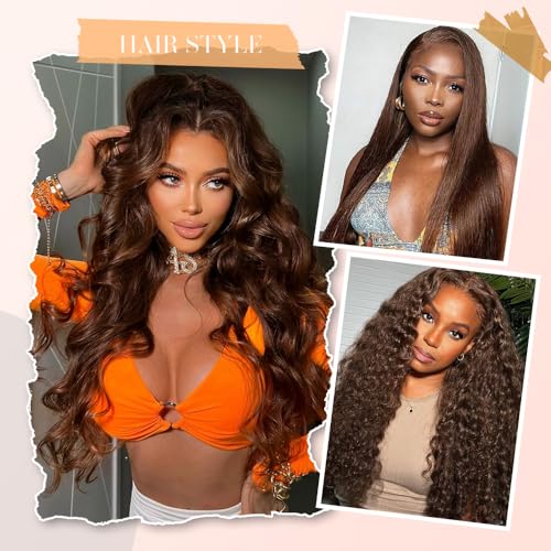 Chocolate Brown Lace Front Wigs human hair Pre Plucked with Baby Hair, 13x6 HD Body Wave Brown Lace Frontal Wigs Human Hair, 180 Density Colored Glueless Brown Wig Human Hair for Women 32inch