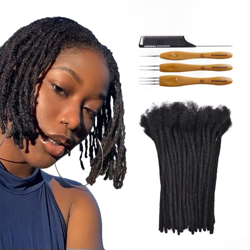 100£¥ Human Hair Loc Extensions 6 Inch 0.6cm Width 70 Strands Full Hand-made Permanent Dreadlock Extensions for Women/Men Can Be Dyed and Bleached, with Crochet Hook and Comb