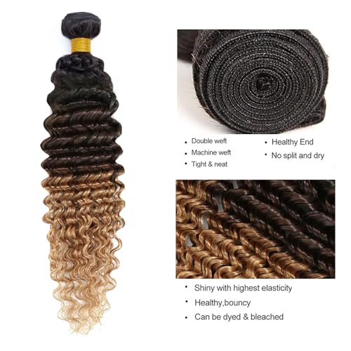 Honey Blonde Bundles Human Hair Ombre Deep Wave Bundle Mixed Length 3 Bundles 22 24 26 Inch Double Weft 3 Tone Brown and Honey Blonde Deep Wave Hair Weave