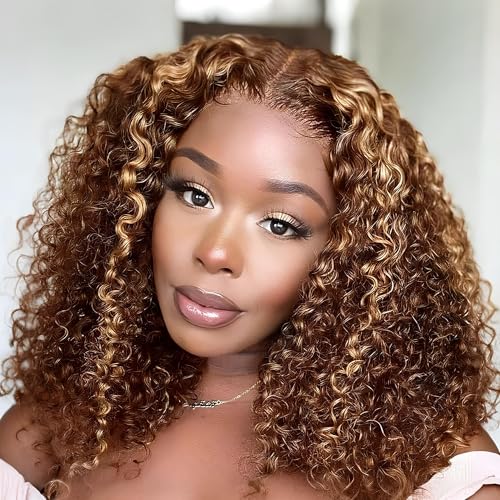 Highlight Bob Curly Wigs Human Hair 13x4 HD Lace Frontal Wig Ombre Bob Lace Front Wigs Human Hair Pre Plucked With Baby Hair 4/27 Ombre Bob Wigs Human Hair180% Density 12 Inch
