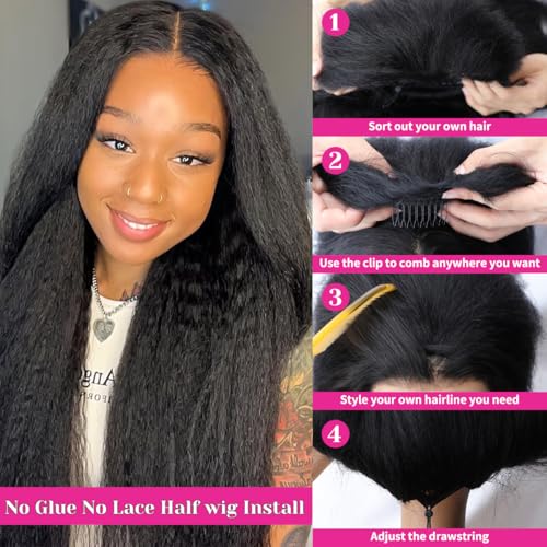 Kinky Straight Half Wig Human Hair Glueless Wigs 3 In 1 Half Wig Human Hair 180% Density Drawstring Seamless Flip Over Wear and Go Wig Invisible Hairline Beginner Friendly 24 Inch