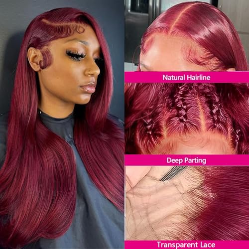 34 Inch Burgundy Wig Human Hair 180% Density 13x4 99J Burgundy Lace Front Wigs Human Hair Pre Plucked Wine Red Colored Straight Lace Front Wigs Red Wigs Lace Frontal Wigs for Black Women