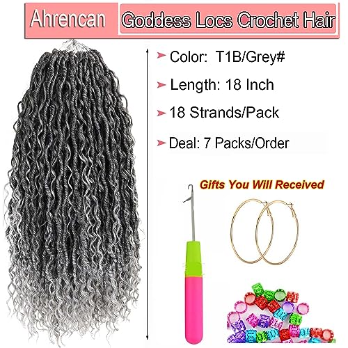Ombre Grey Crochet Hair For Women Human Hair,18 Inch 7 Packs Boho Goddess Locs Crochet Hair,Pre Looped Goddess Faux Locs With Curly Ends,Hippie Locs Crochet Hair Braid(18in,7packs,T1B/Gray#)