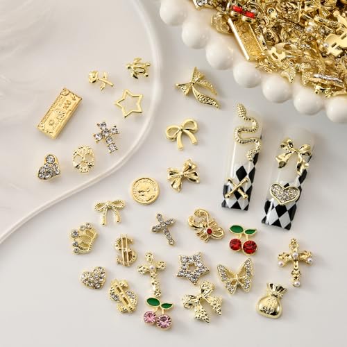 100Pcs Gold Nail Charms and Gems Charms for Nails Design Gold Charms for Nails Metal Bow Cherry Butterfly Cross Heart Star and Flowers