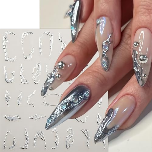 6 Sheets Lines Nail Art Stickers Decals Silver Stripe Line Nail Decals 3D Self-Adhesive Abstract Marble Wave Nail Design Holographic Irregular Line Nails Supplies Nail Accessories for Women Nail Decor