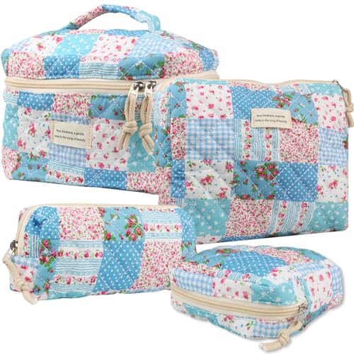 VIWIME Makeup Cosmetic Bag, Large Cotton Quilted Travel Coquette Aesthetic Cute Floral Make up Bag for Women Toiletry Bag Organizer (204- Gird Rose / 4Pcs)