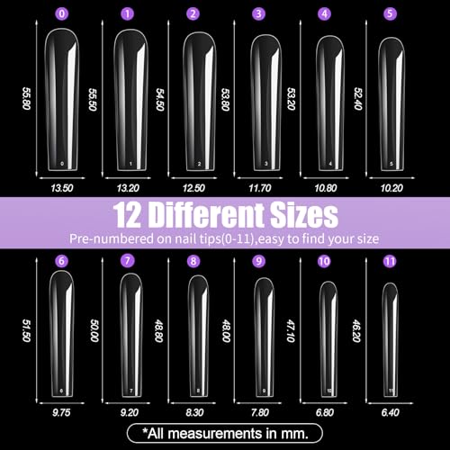 240Pcs Square Soft Gel Nail Tips, Long Square Nails, 12 Sizes Full Cover Acrylic Fake Nails Straight Clear False Nail Extension for Beginner and Professional Home Salon DIY