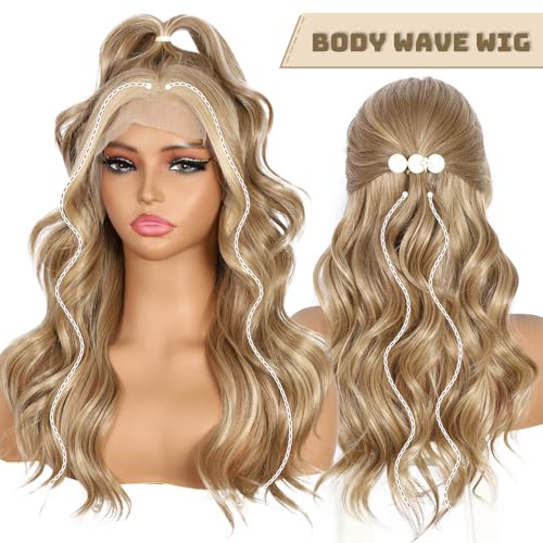Blonde Lace Front Wig 13x4 Pre Plucked Synthetic Wig for Women Highlight Dirty Blonde Natural Looking Body Wave Cosplay Daily Party Use