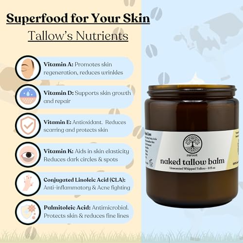 Beef Tallow for Skin - NAKED TALLOW BALM I 1 Ingredient - 100% Grass Fed Beef Tallow | Whole Body & Face | Whipped & UNSCENTED for Sensititve Dry Skin, Babies, Eczema, Psoriasis, Rosacea (9oz)