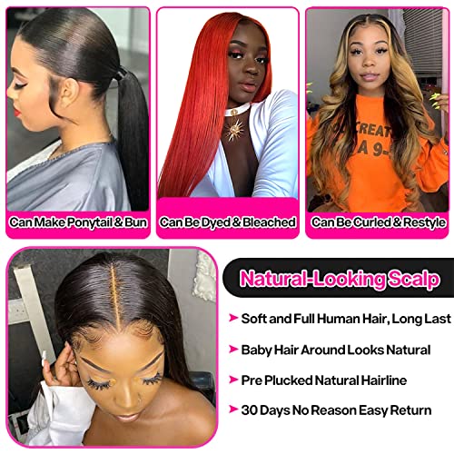 13x6 Lace Front Wigs Human Hair Pre Plucked HD Transparent Straight Lace Front Wig Human Hair Bleached Knots 180% Density for Black Women 28inch
