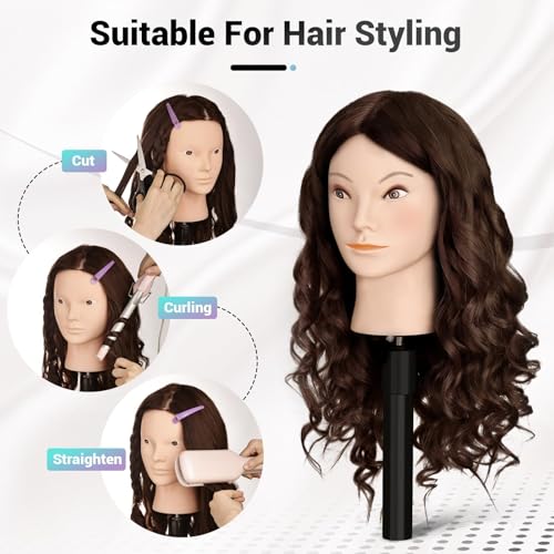 Mannequin Head with 80% Human Hair, 26" Straight Hair Manikin Head, Training Doll Head for Cosmetology & Makeup Practice Real Hair with Clamp Holder and Styling Kits (Dark Brown)