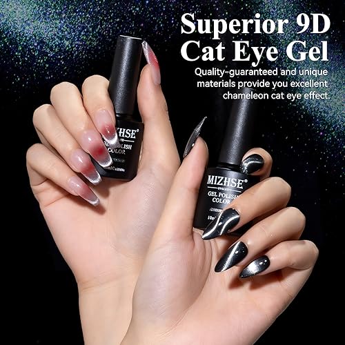 MIZHSE 9D Cat Eye Gel Nail Polish, Silver Magnetic Gel Polish with Magnet Stick, Magic Shimmer Galaxy Effect Holographic Glitter Silky Cat Eye Nail Polish Soak Off Nail Art Salon Manicure DIY at Home