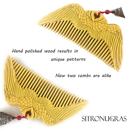 Wooden Comb For Women - Carved Craft Natural Boxwood Hair Comb - No Static Fine Tooth Wood Comb with gift box (Angel Wings)