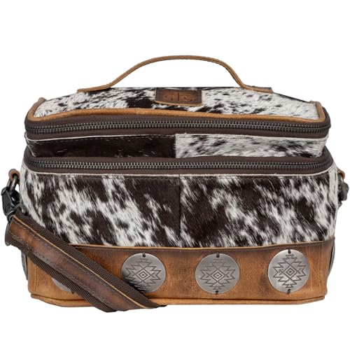 STS Ranchwear Vaquero Glamour STS-34330 Makeup Bag - Spacious Zip Around Unique Full Grain Leather Cowhide Cosmetic Organizer with 2 Compartments