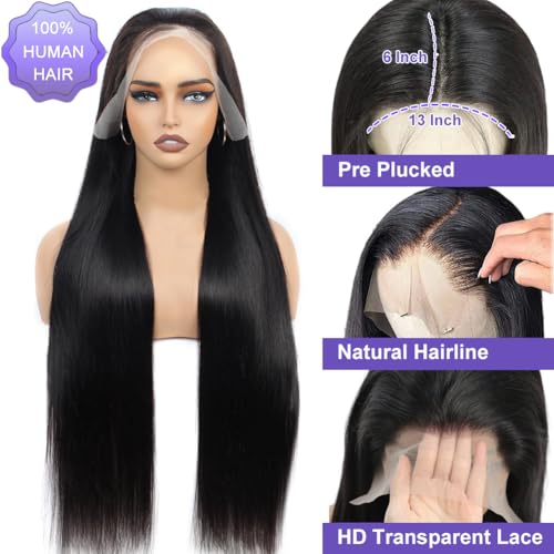 ALI PANDA [2-YEAR Life & 100% Human Hair, 200% Density 13x6 Skinlike HD Straight Lace Front Wigs Human Hair Pre Plucked, [0.1mm Ultra-Thin HD Lace], Natural Black 30 Inch