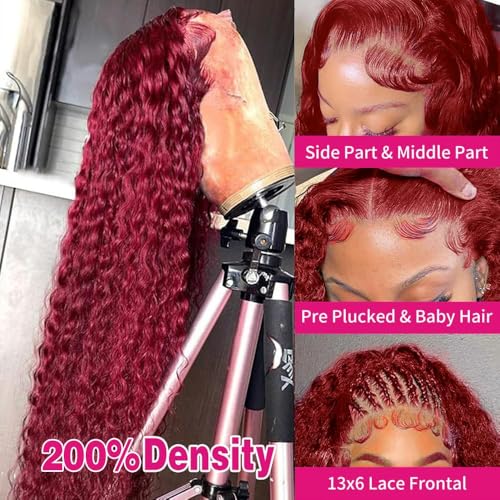26 Inch 99J Burgundy Deep Wave 13x6 Lace Front Wigs Human Hair 200% Density Lace Frontal Wigs Human Hair Pre Plucked 99j Burgundy Deep Curly Wave HD Lace Front Wigs for Women (26Inch)